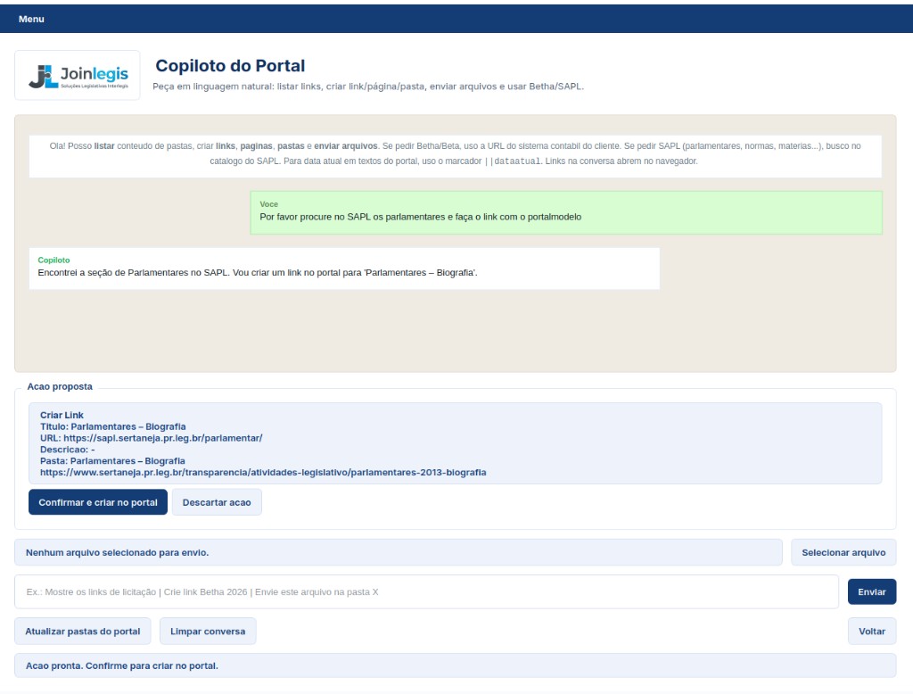 Copiloto da JoinlegisIA propondo a criação de um link de parlamentares do SAPL no Portal Modelo