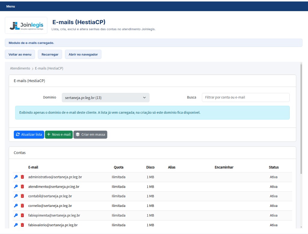 Gestão de contas de e-mail institucionais pela JoinlegisIA